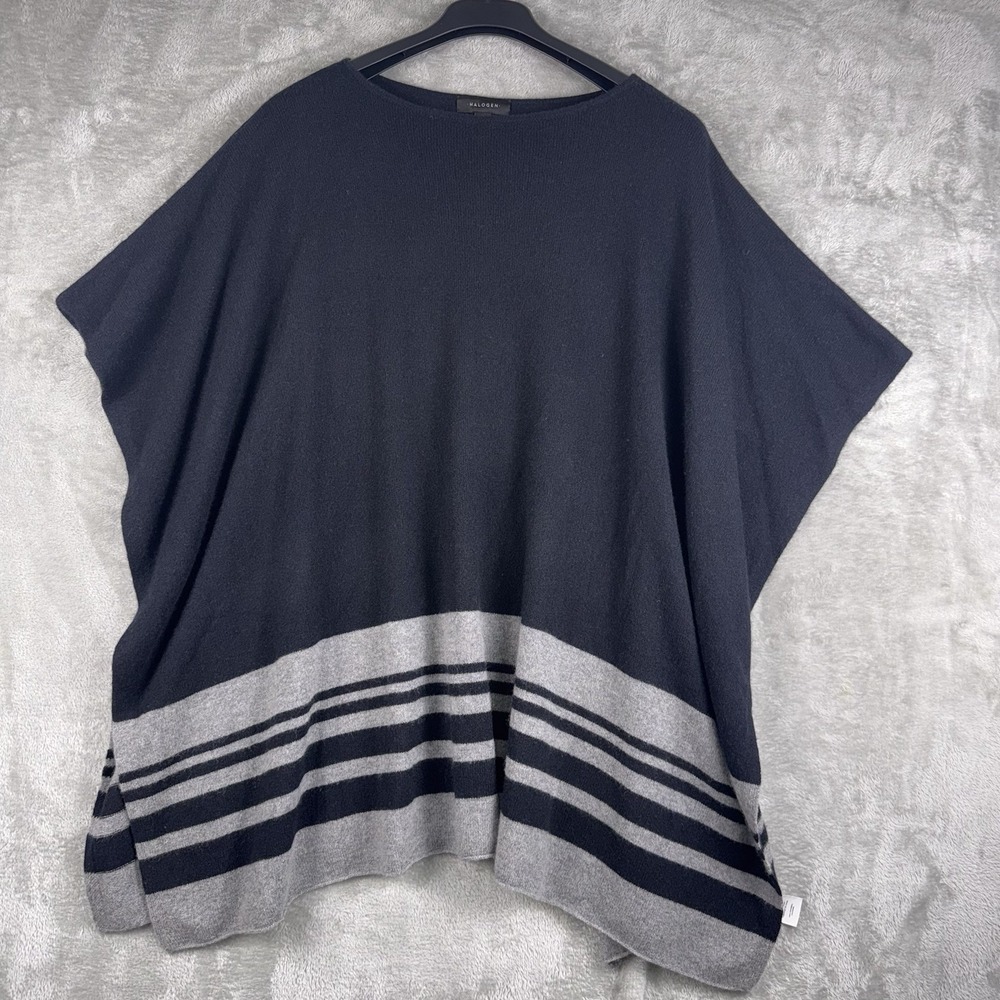 Halogen 100% Cashmere Poncho Black/Gray Women O/S Old Money Capsule Luxury Cozy